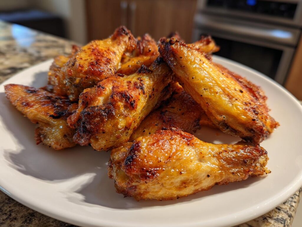 Alitas de pollo doradas y crujientes recién hechas en freidora de aire en un plato blanco.