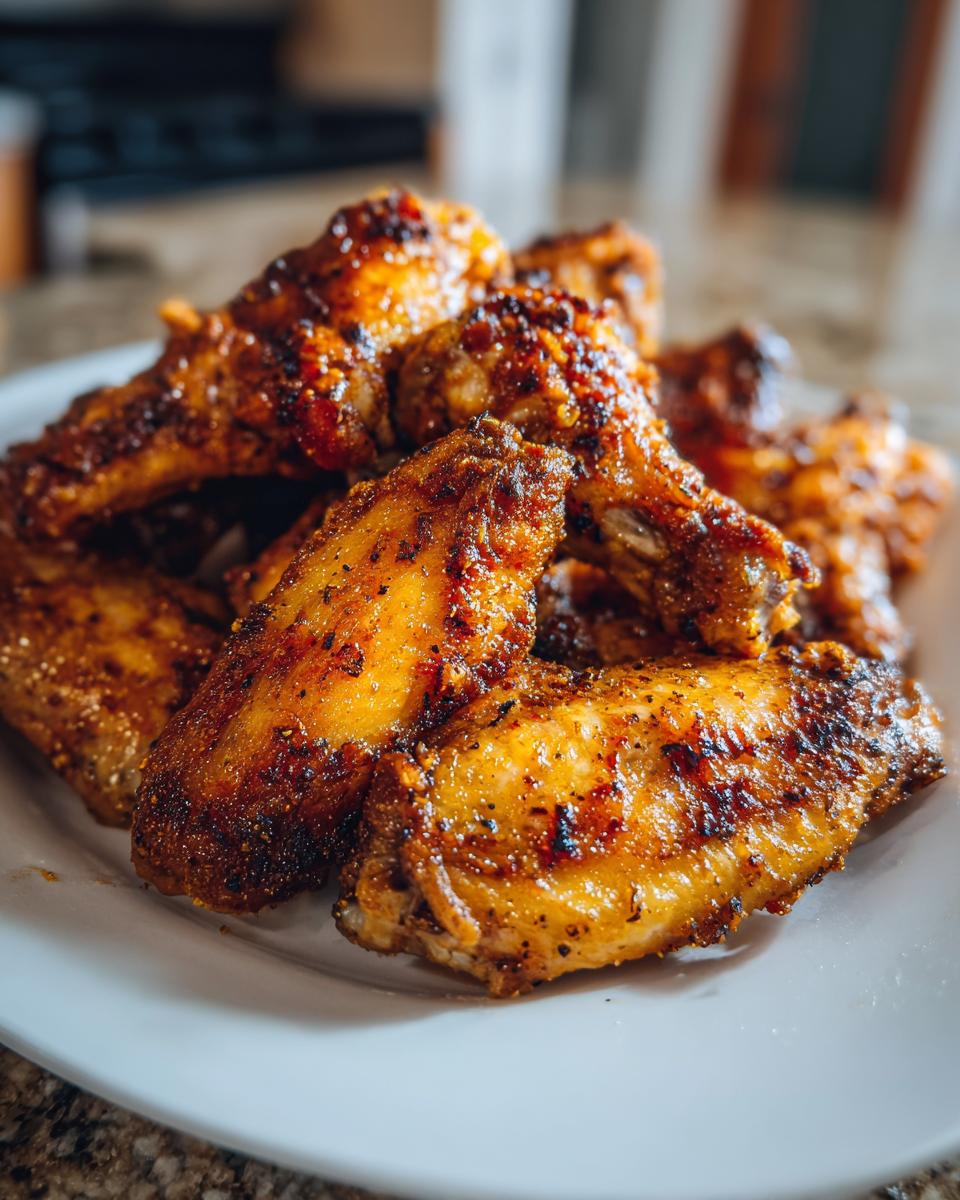 Alitas de pollo doradas y crujientes recién hechas en freidora de aire sobre plato blanco.