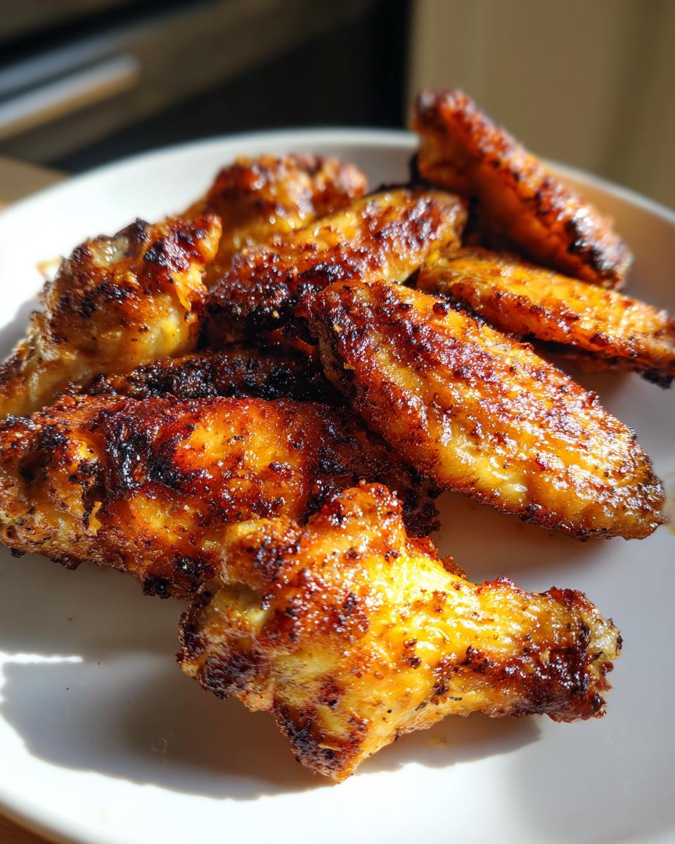 Alitas de pollo doradas y crujientes recién hechas en freidora de aire en un plato blanco.