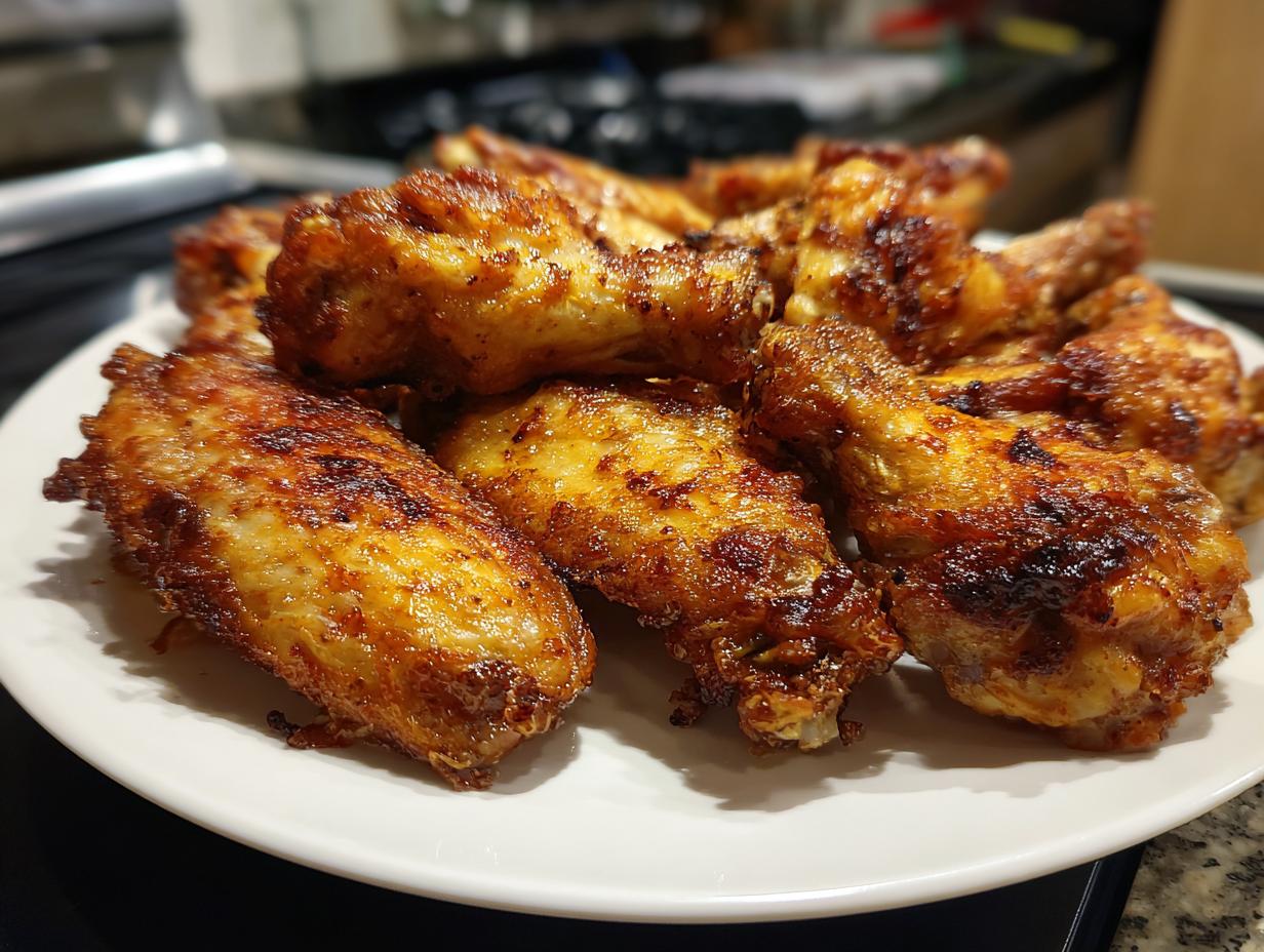 Plato con alitas de pollo doradas y crujientes hechas en recetas en freidora de aire faciles
