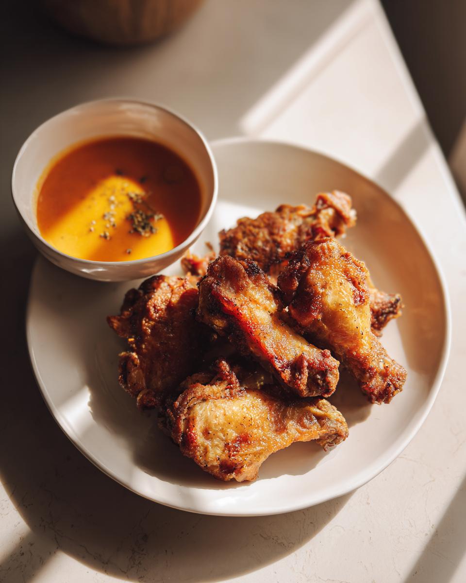 Plato con alitas de pollo crujientes acompañadas de salsa en un bol blanco, recetas familiares para el fin de semana