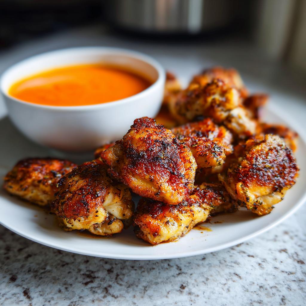 Alitas de pollo especiadas y doradas con salsa naranja en plato blanco, recetas familiares para el fin de semana