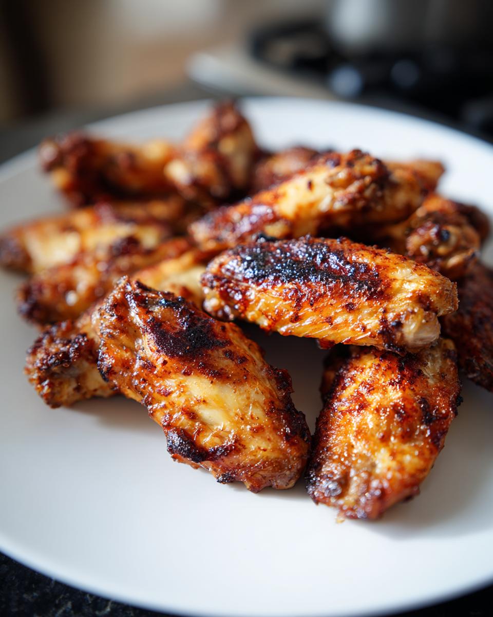 Alitas de pollo doradas y crujientes recién hechas en freidora de aire sobre plato blanco