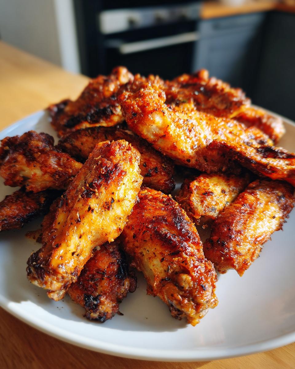 Plato con alitas de pollo crujientes y doradas hechas en freidora de aire faciles