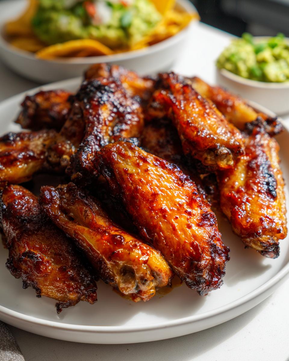 Plato con alitas de pollo glaseadas y crujientes para recetas de aperitivos para ver el futbol