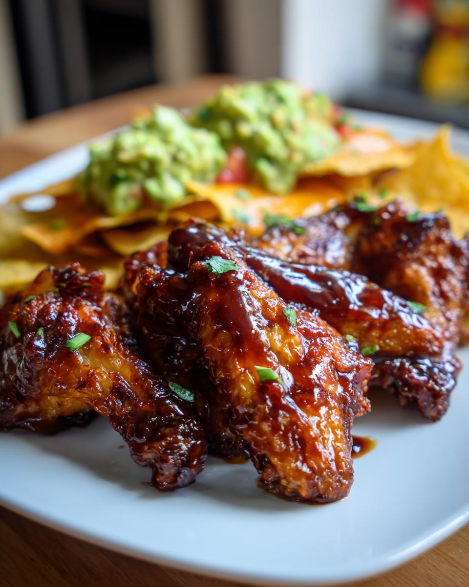 Alitas de pollo con salsa barbacoa acompañadas de nachos con guacamole en un plato blanco.