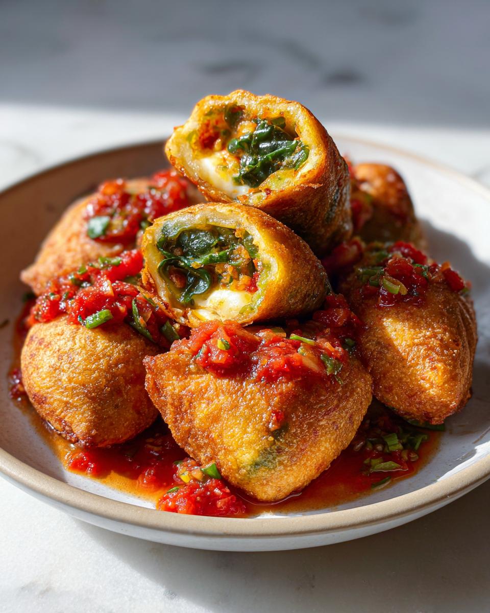 Antojitos mexicanos para Semana Santa fritos con relleno de verduras y salsa roja encima en un plato.
