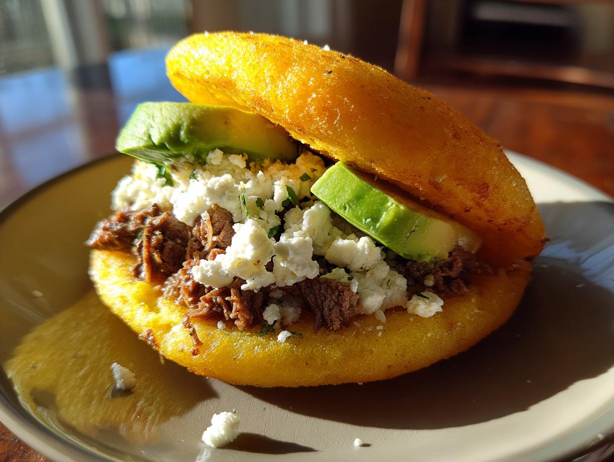 Arepa rellena fáciles con carne desmechada, queso blanco y rodajas de aguacate en un plato.