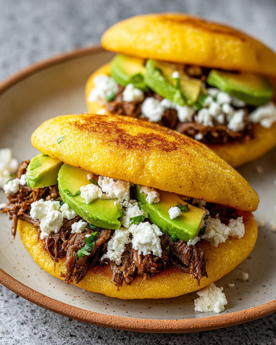 Dos arepas rellenas fáciles con carne desmechada, aguacate y queso fresco en un plato.