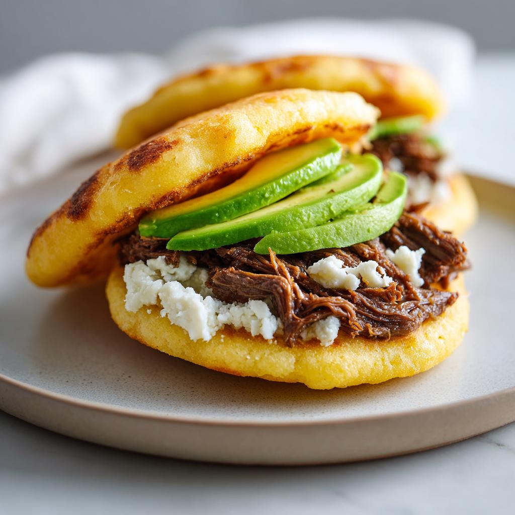Arepas rellenas fáciles con carne desmechada, queso blanco y rodajas de aguacate en plato beige