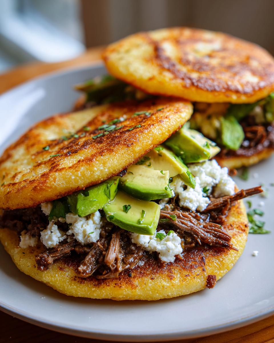 Arepas rellenas fáciles con carne desmechada, queso fresco y aguacate en plato blanco