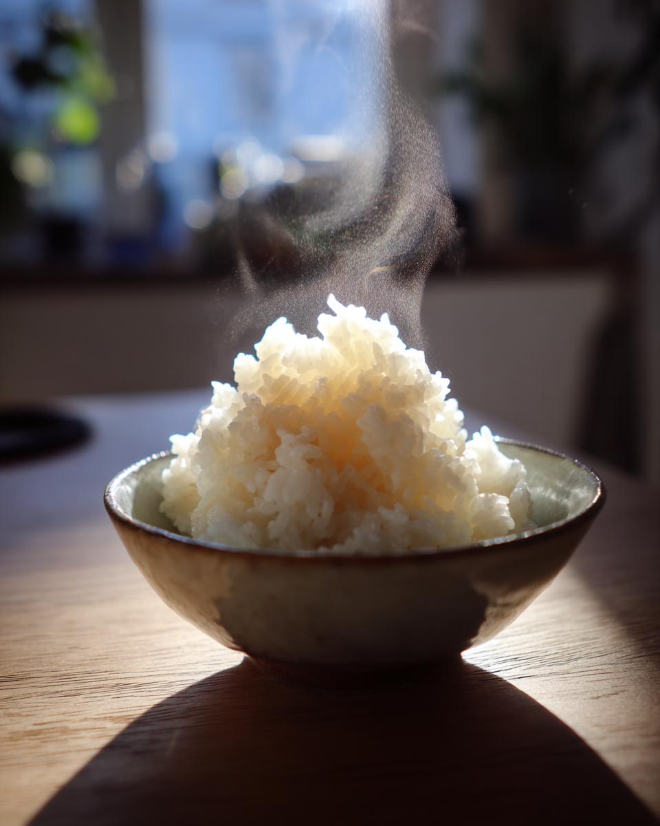 Cuenco con arroz blanco humeante recién cocido sobre mesa de madera
