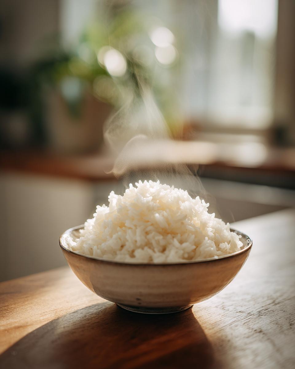 Tazón con arroz blanco cocido y humeante sobre mesa de madera en cocina