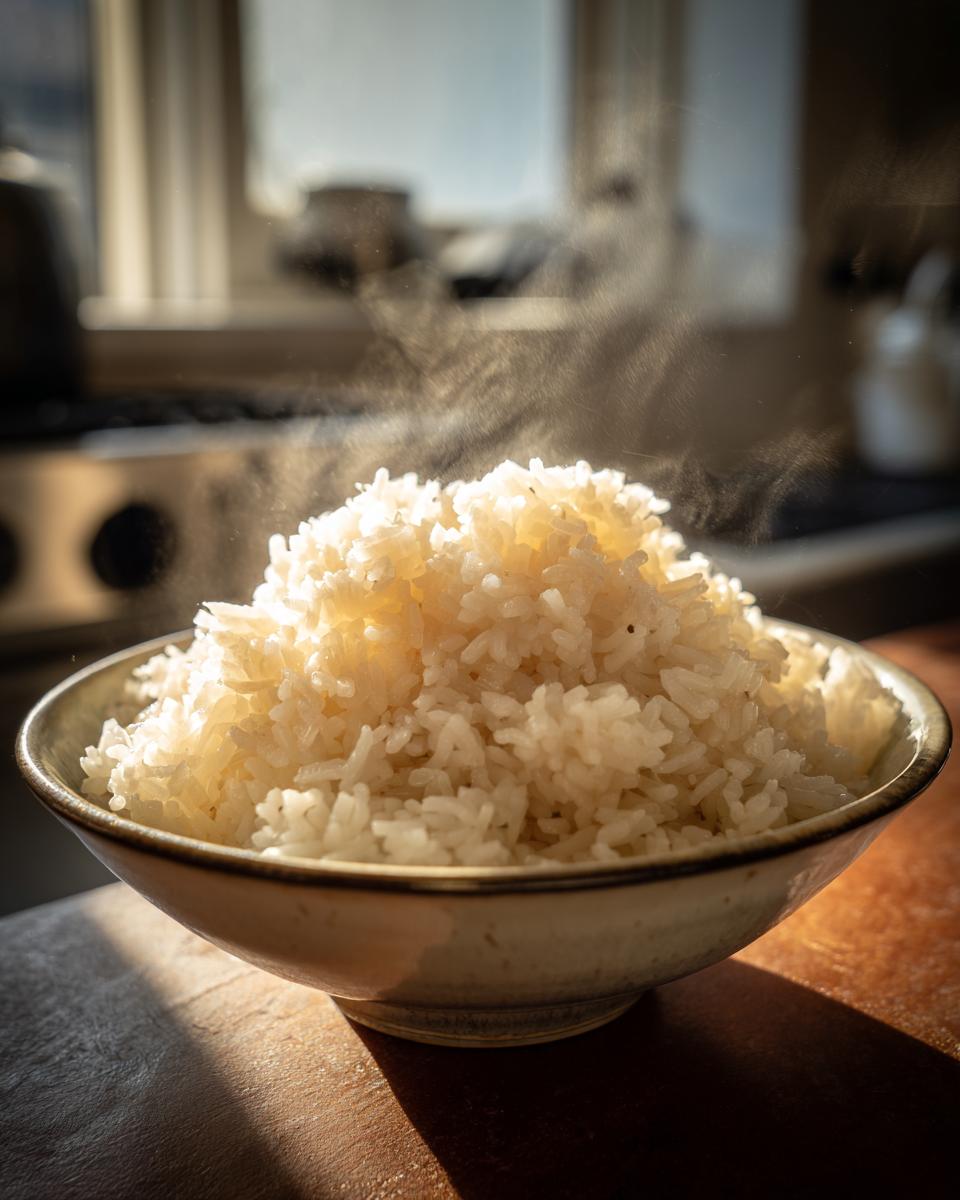 Bol con arroz blanco humeante recién cocido en cocina iluminada por luz natural