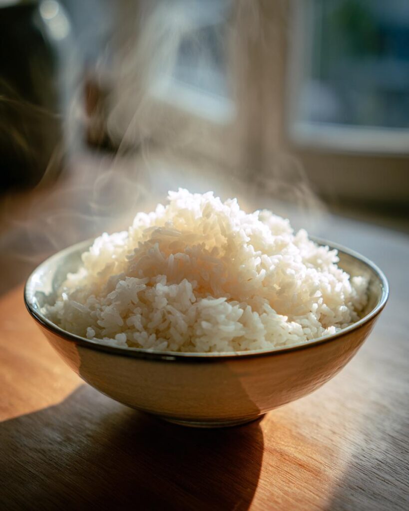 Bol con arroz blanco humeante recién cocido sobre mesa de madera