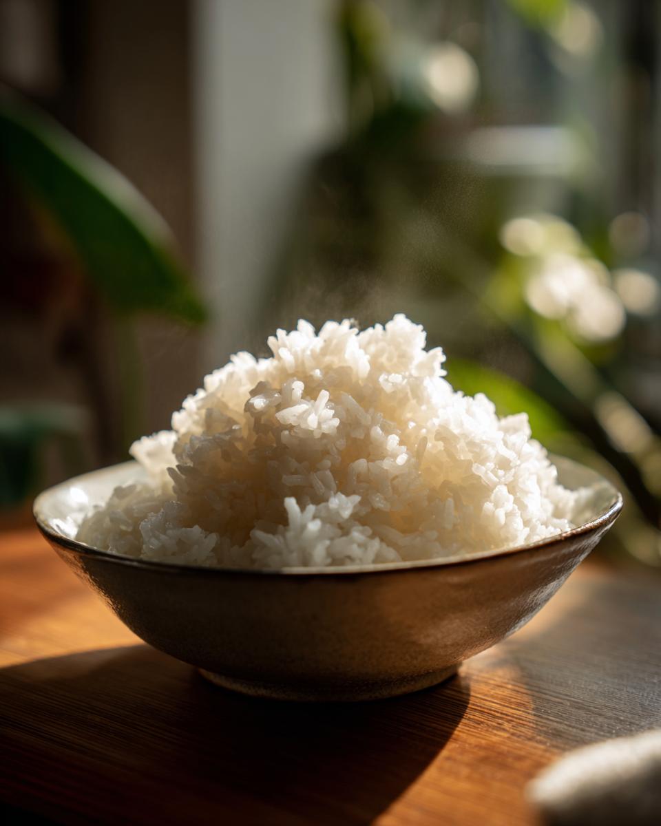 Bol con arroz blanco recién cocido y humeante sobre mesa de madera
