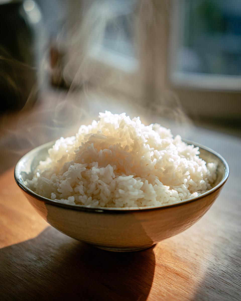 Bol con arroz blanco humeante recién cocido sobre mesa de madera
