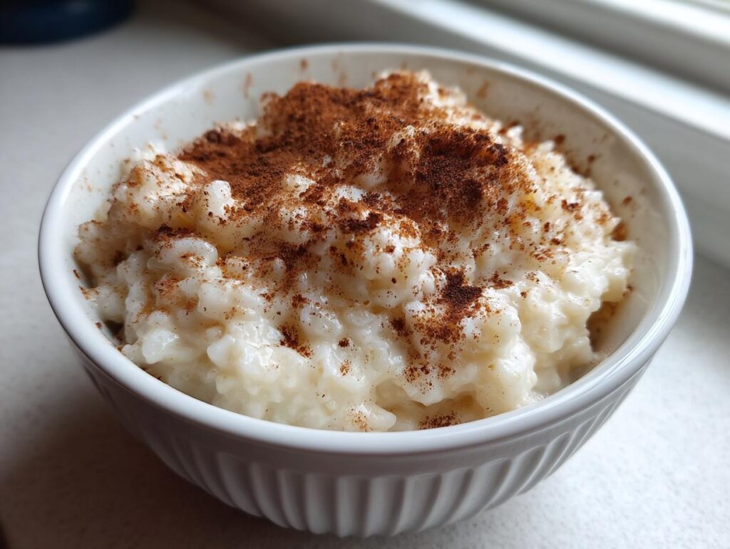 Tazón blanco con arroz con leche cremoso espolvoreado con canela