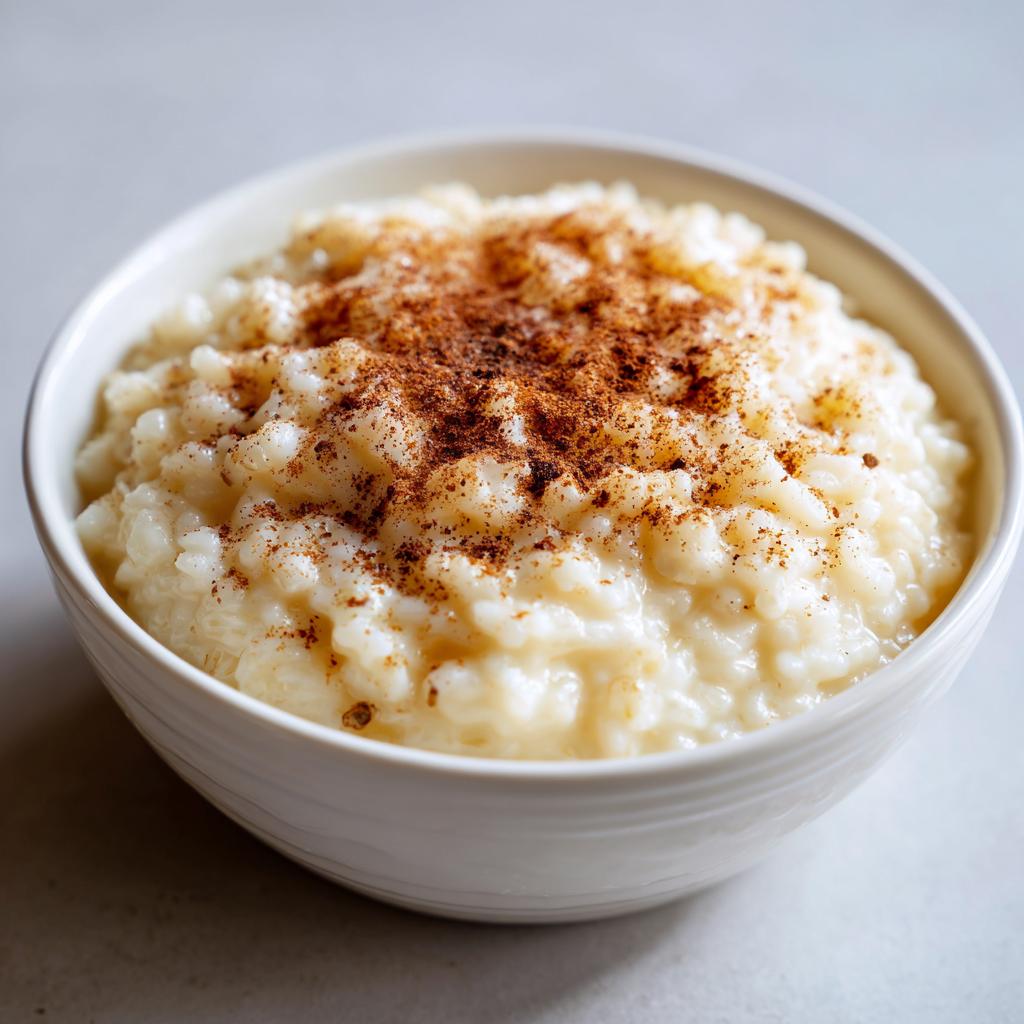 Tazón blanco con arroz con leche cremoso espolvoreado con canela