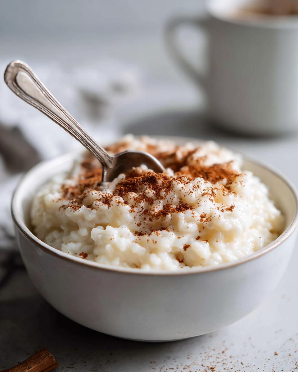Tazón blanco con arroz con leche cremoso espolvoreado con canela y cuchara dentro