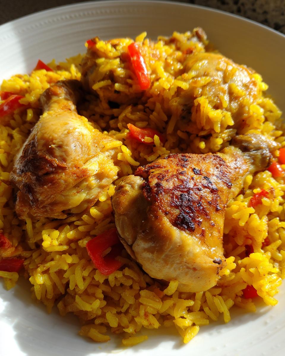Plato de arroz con pollo estilo latino con arroz amarillo y trozos de pollo dorado