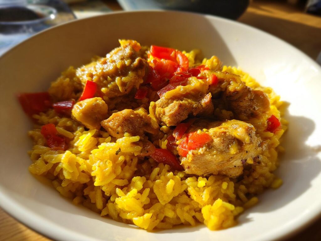 Plato de arroz con pollo estilo latino con trozos de pollo y pimientos rojos