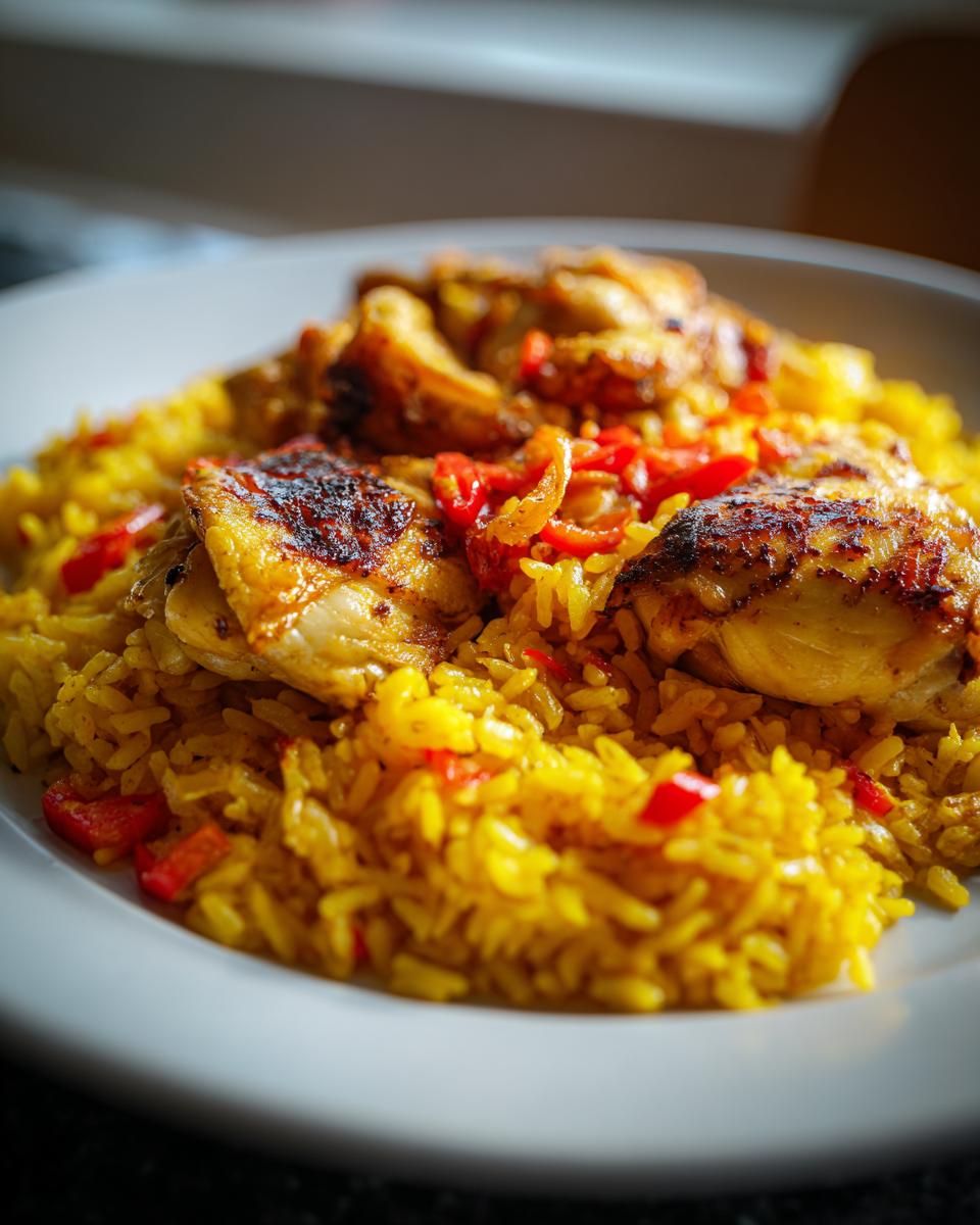 Plato con arroz con pollo estilo latino, arroz amarillo con trozos de pollo dorado y pimientos rojos.