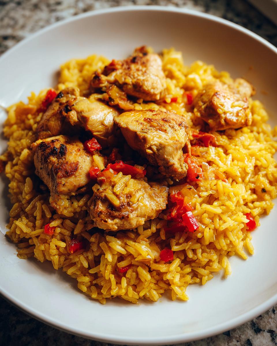 Plato con arroz con pollo estilo latino con trozos de pollo dorado y pimientos rojos