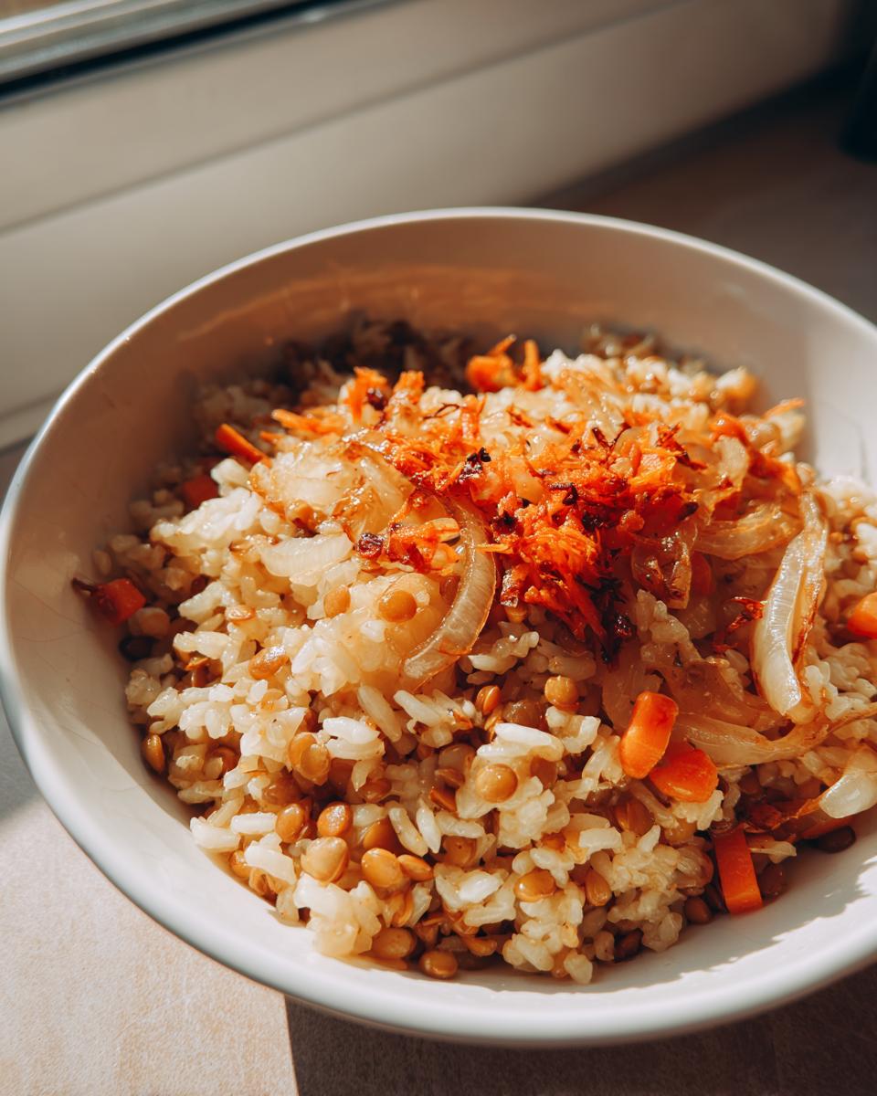 Plato de arroz con lentejas, zanahorias y cebolla frita, receta vegana para principiantes.
