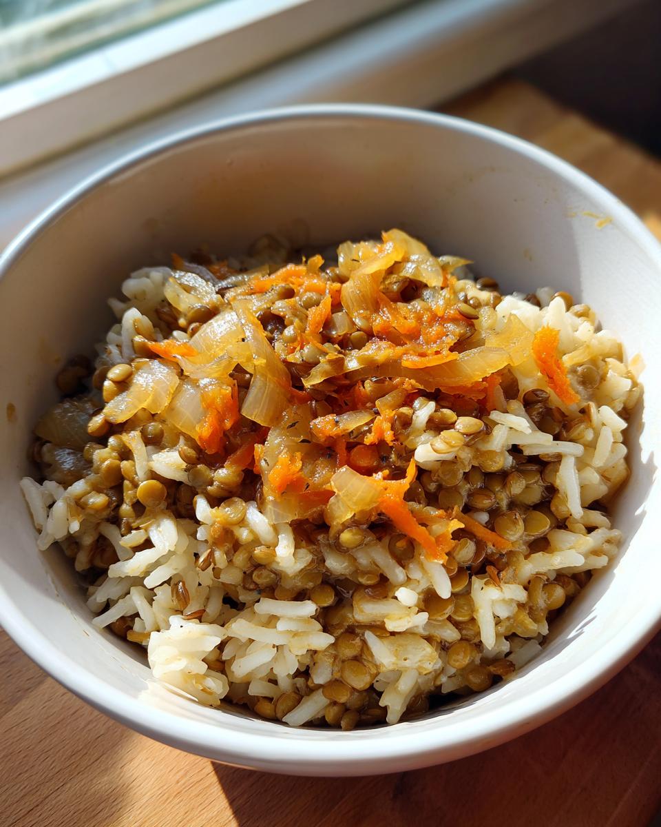 Tazón con arroz, lentejas y verduras cocidas, plato de recetas veganas para principiantes