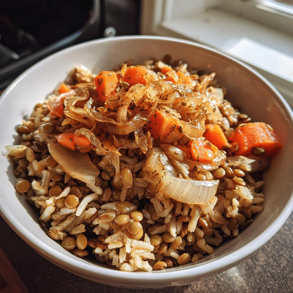 Bol con arroz, lentejas, cebolla caramelizada y trozos de zanahoria en una receta vegana para principiantes