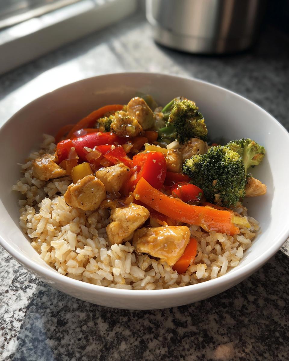 Bowl con arroz integral, pollo salteado y verduras como brócoli y pimientos en recetas de batch cooking semanal