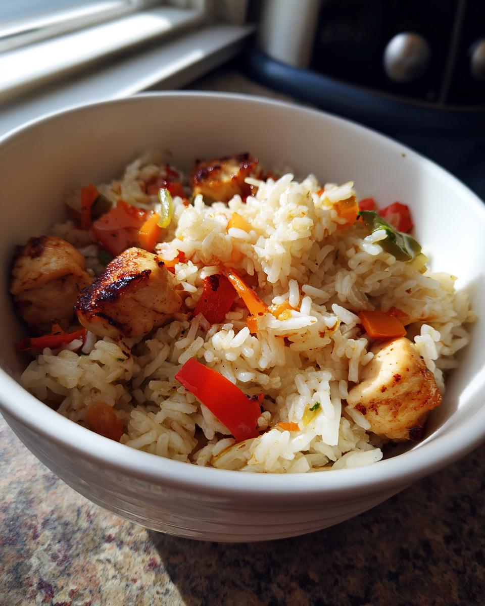 Bowl blanco con arroz, pollo dorado y verduras coloridas, ideal para cenas con arroz rápidas
