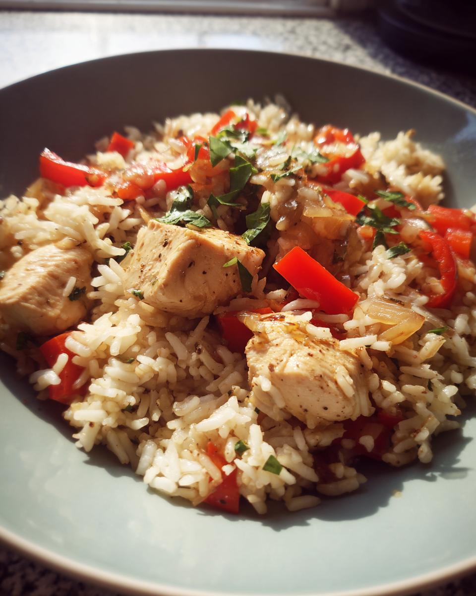 Arroz con pollo, pimientos rojos y hierbas frescas en un plato gris.