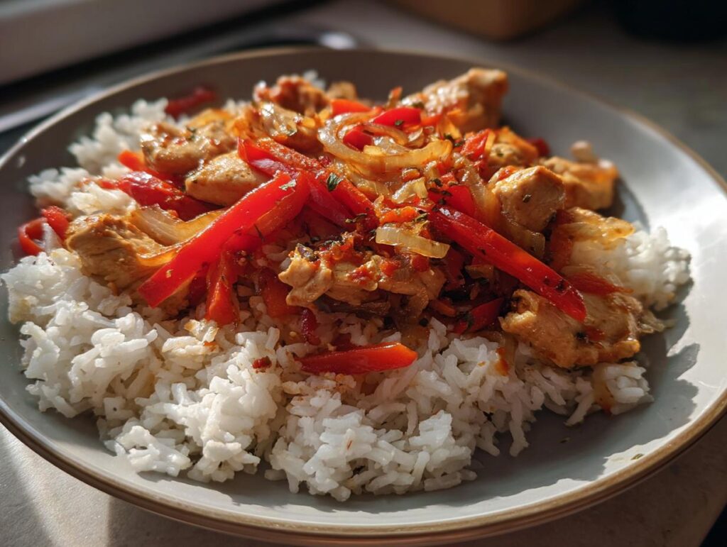 Arroz blanco con pollo y verduras salteadas en un plato, receta rapidas para cada dia