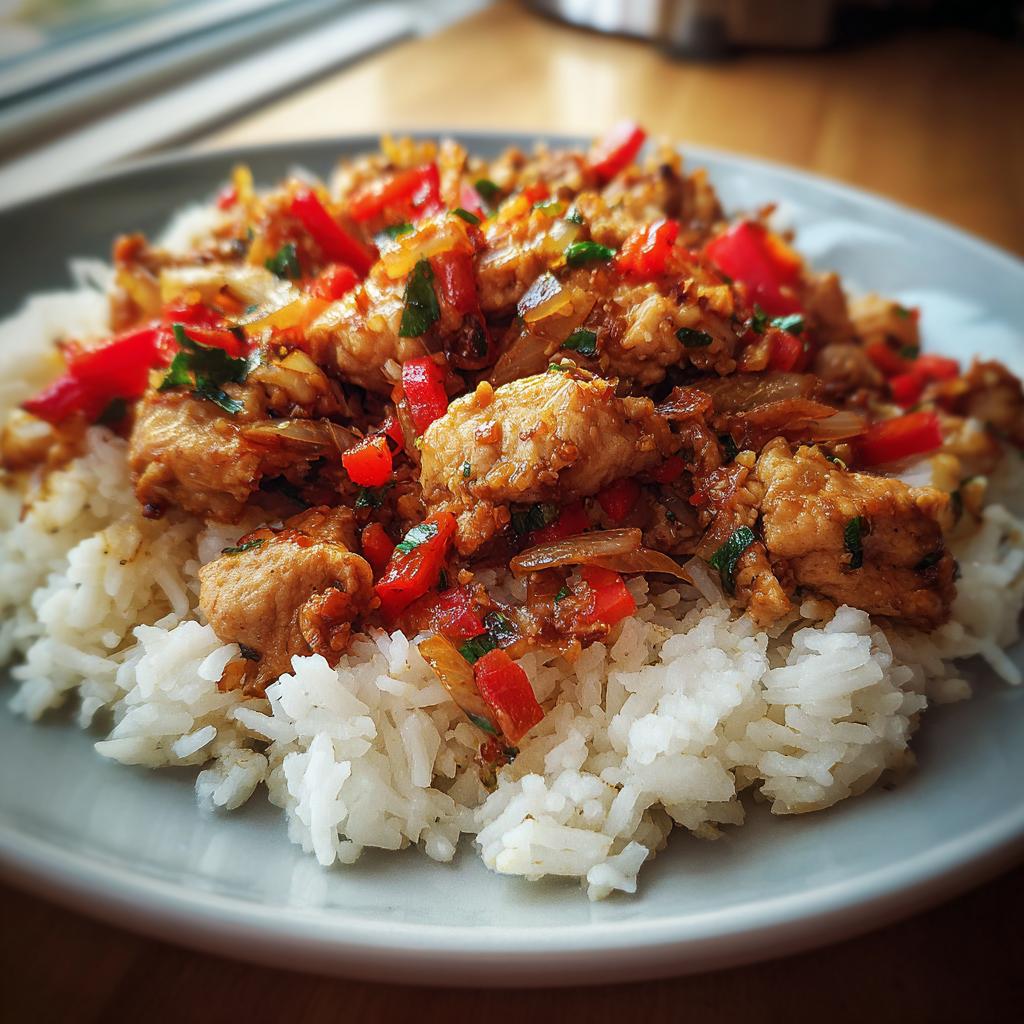 Arroz blanco con pollo salteado y pimientos rojos en un plato gris, receta rapida para cada dia