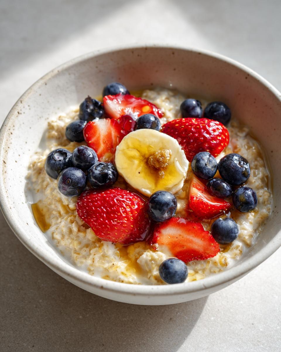 Tazón de avena con fresas, arándanos y plátano, ideal para desayunos con avena fáciles.