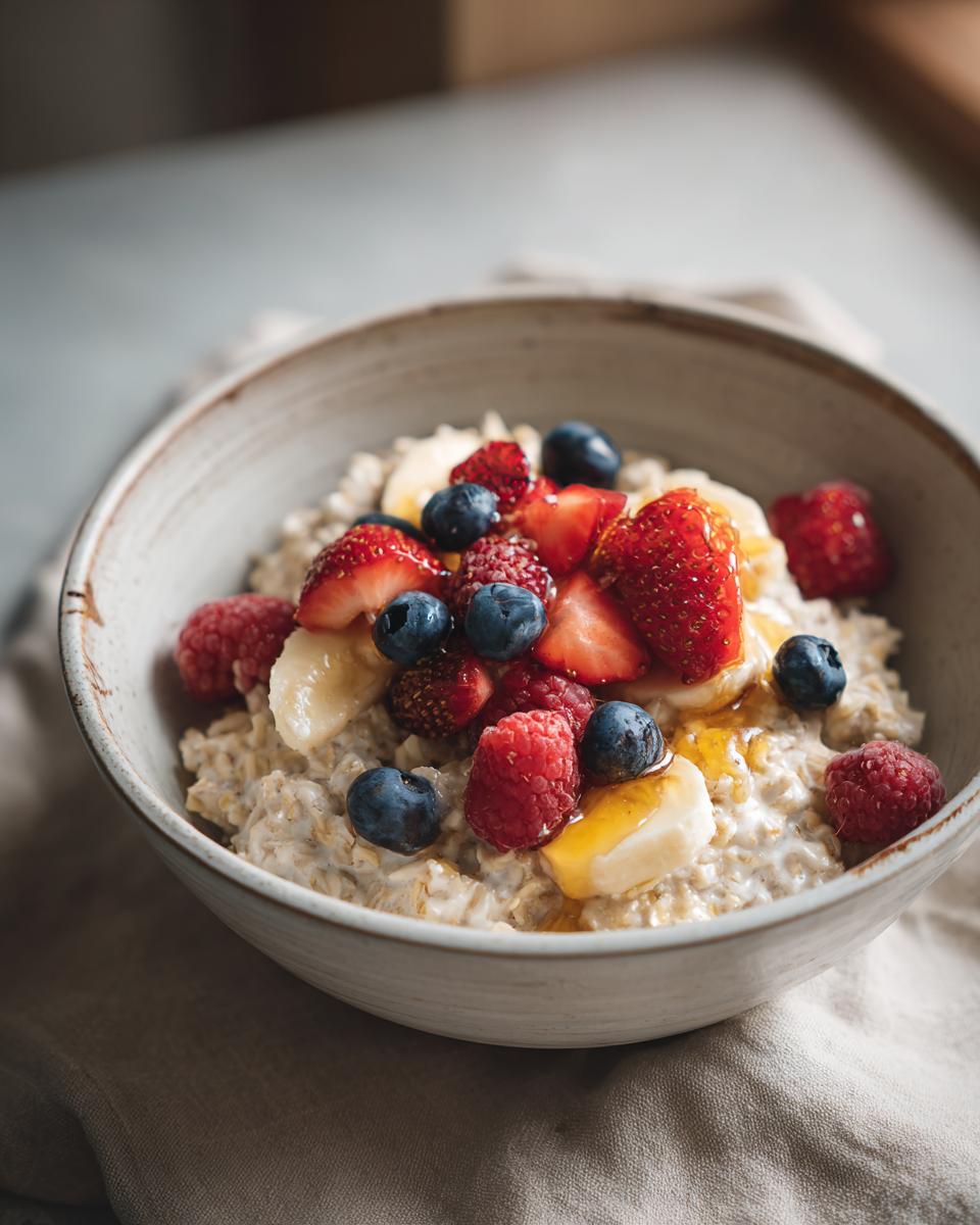 Tazón de avena con frutas frescas y miel, ideal para desayunos con avena fáciles