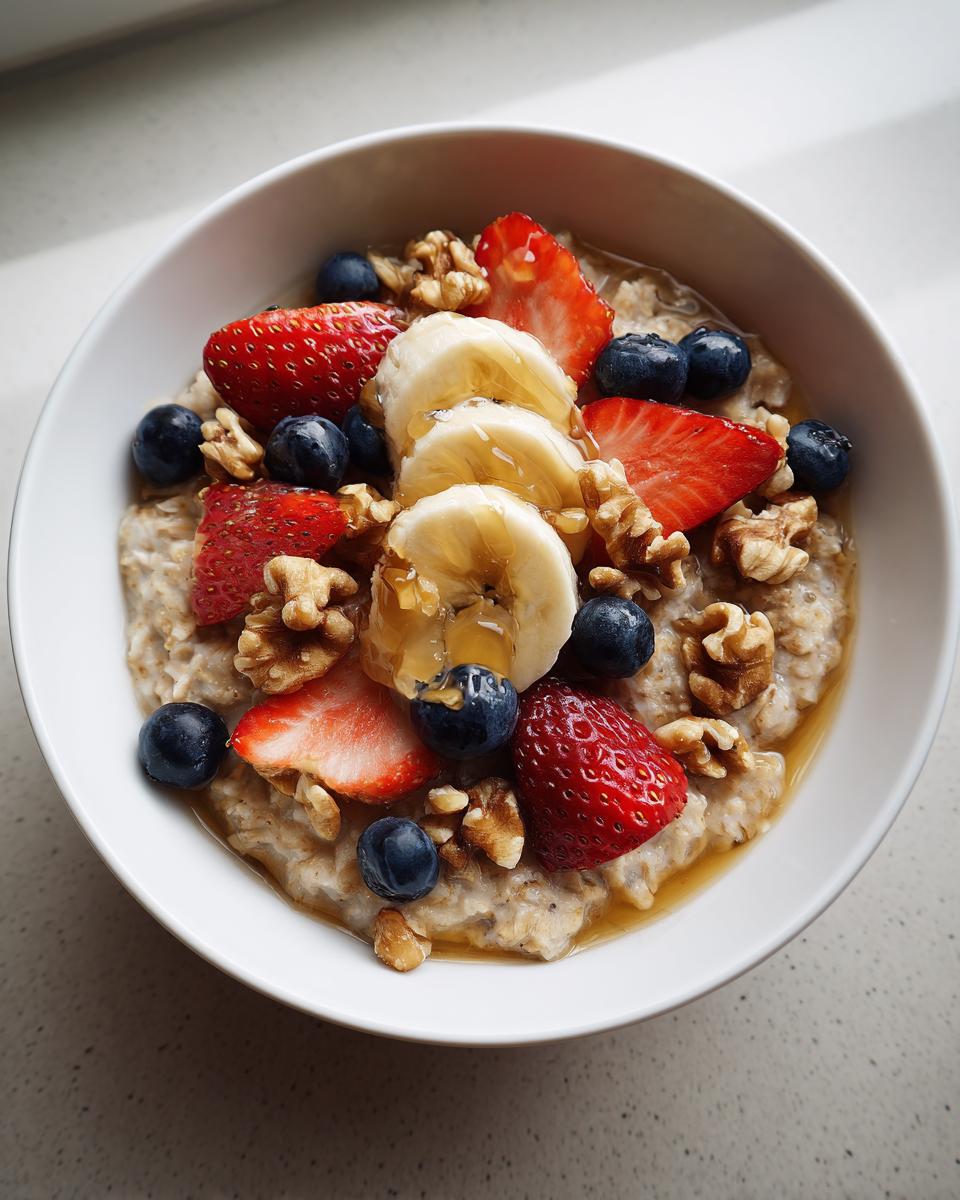 Tazón con avena cubierto de fresas, plátano, arándanos, nueces y miel, receta de desayunos saludables