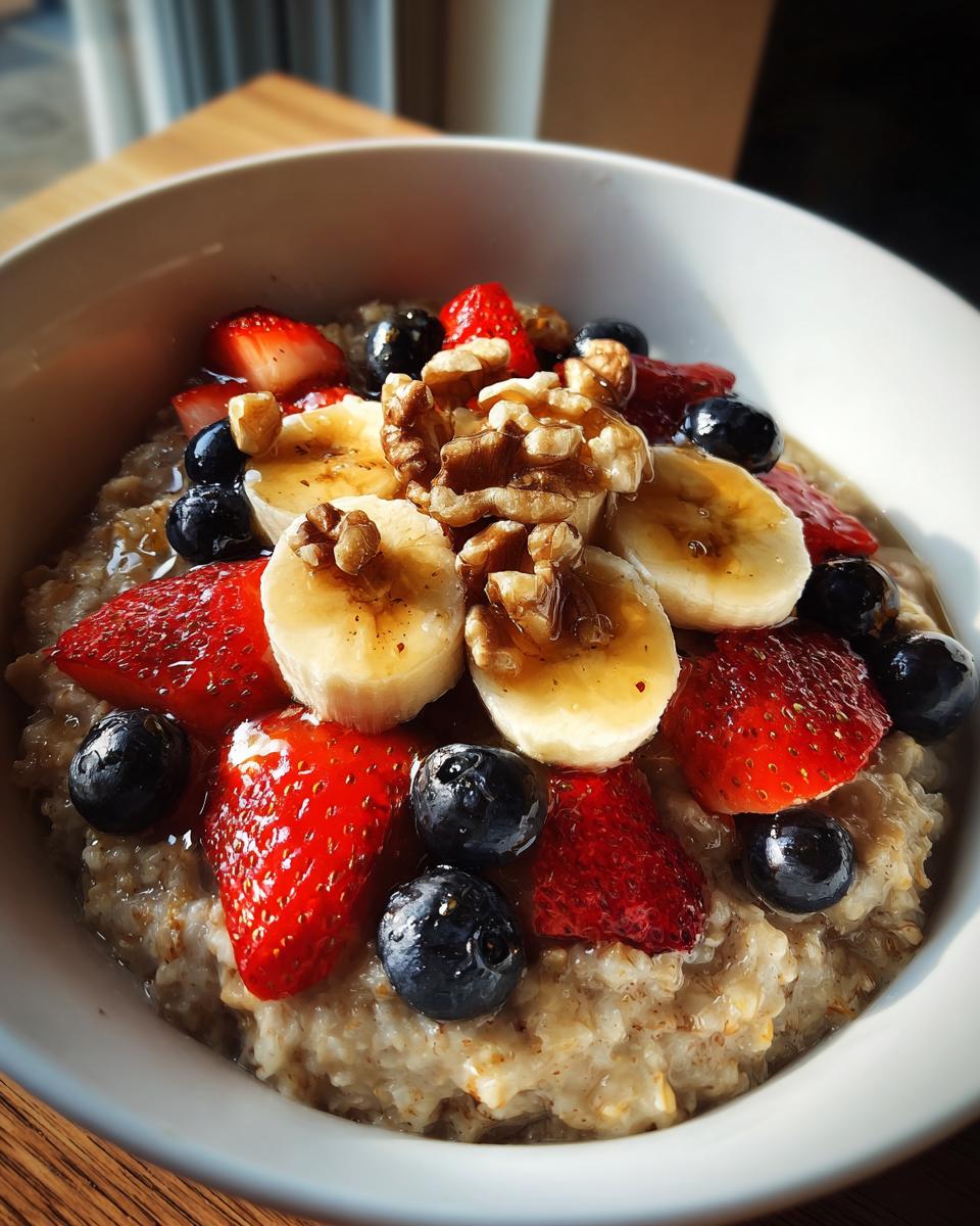 Tazón de avena con fresas, plátano, arándanos y nueces para recetas de desayunos saludables