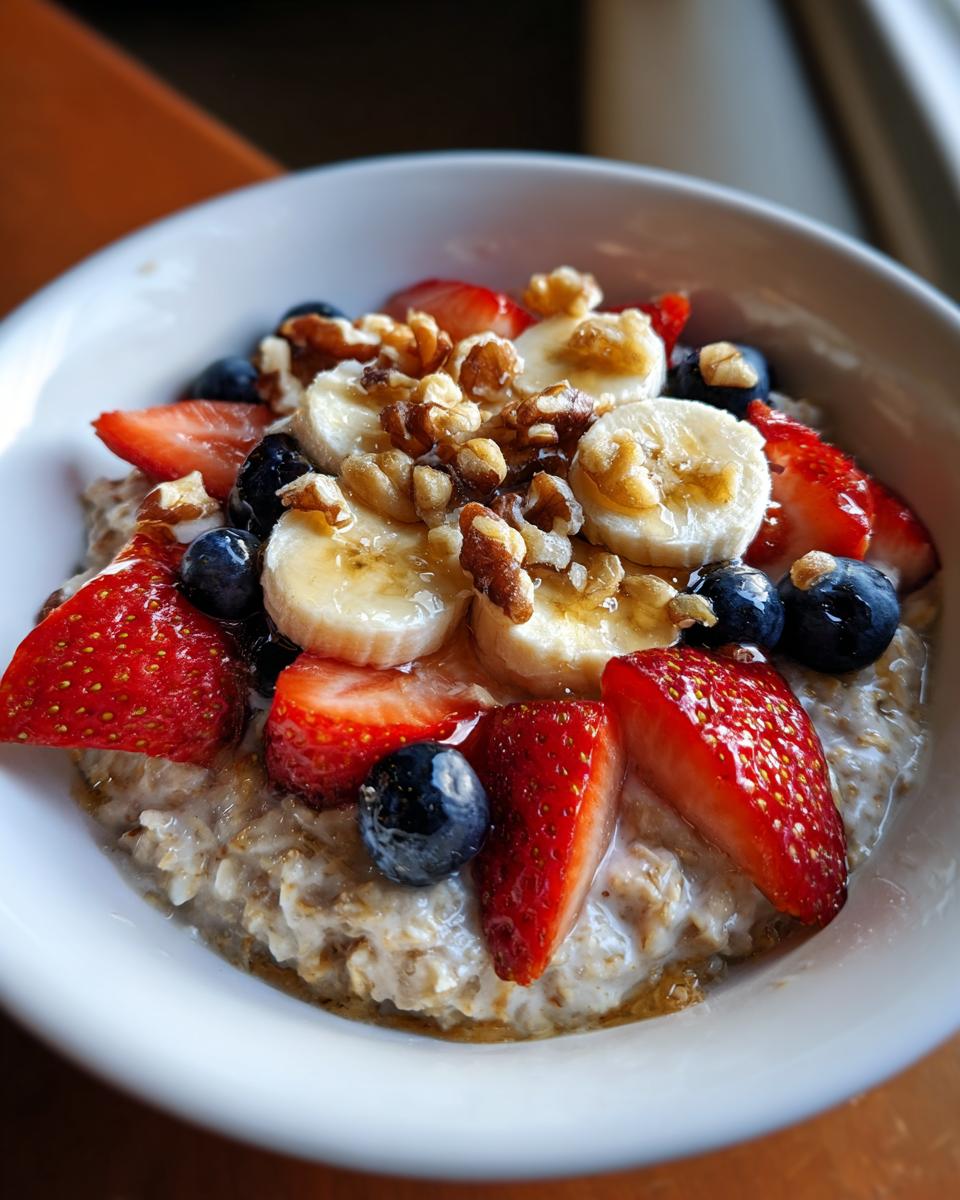 Tazón de avena con fresas, plátano, arándanos y nueces para recetas de desayunos saludables