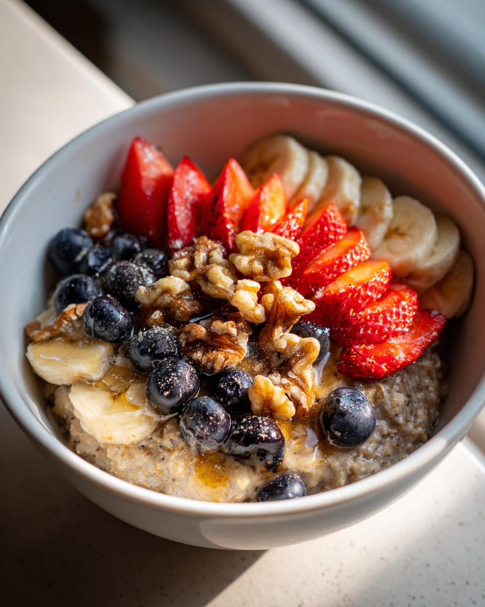 Tazón de avena con fresas, plátano, arándanos y nueces para recetas de desayunos saludables