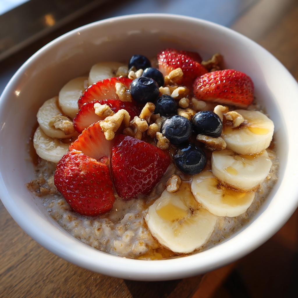 Tazón de avena con fresas, plátano, arándanos y nueces para recetas de desayunos saludables