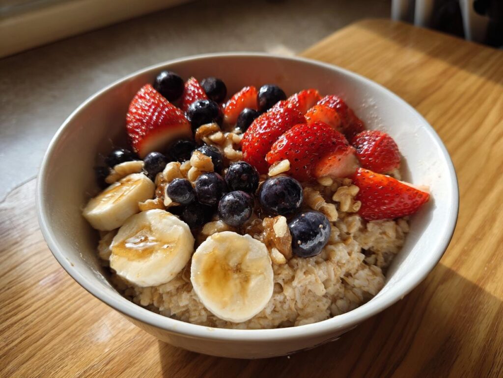Tazón de avena con fresas, arándanos, plátano y nueces para recetas de desayunos saludables