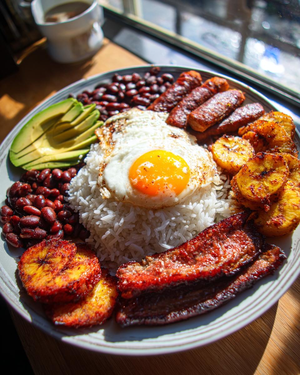 Plato de Bandeja Paisa con arroz, huevo frito, plátano, frijoles y aguacate receta colombianas caseras