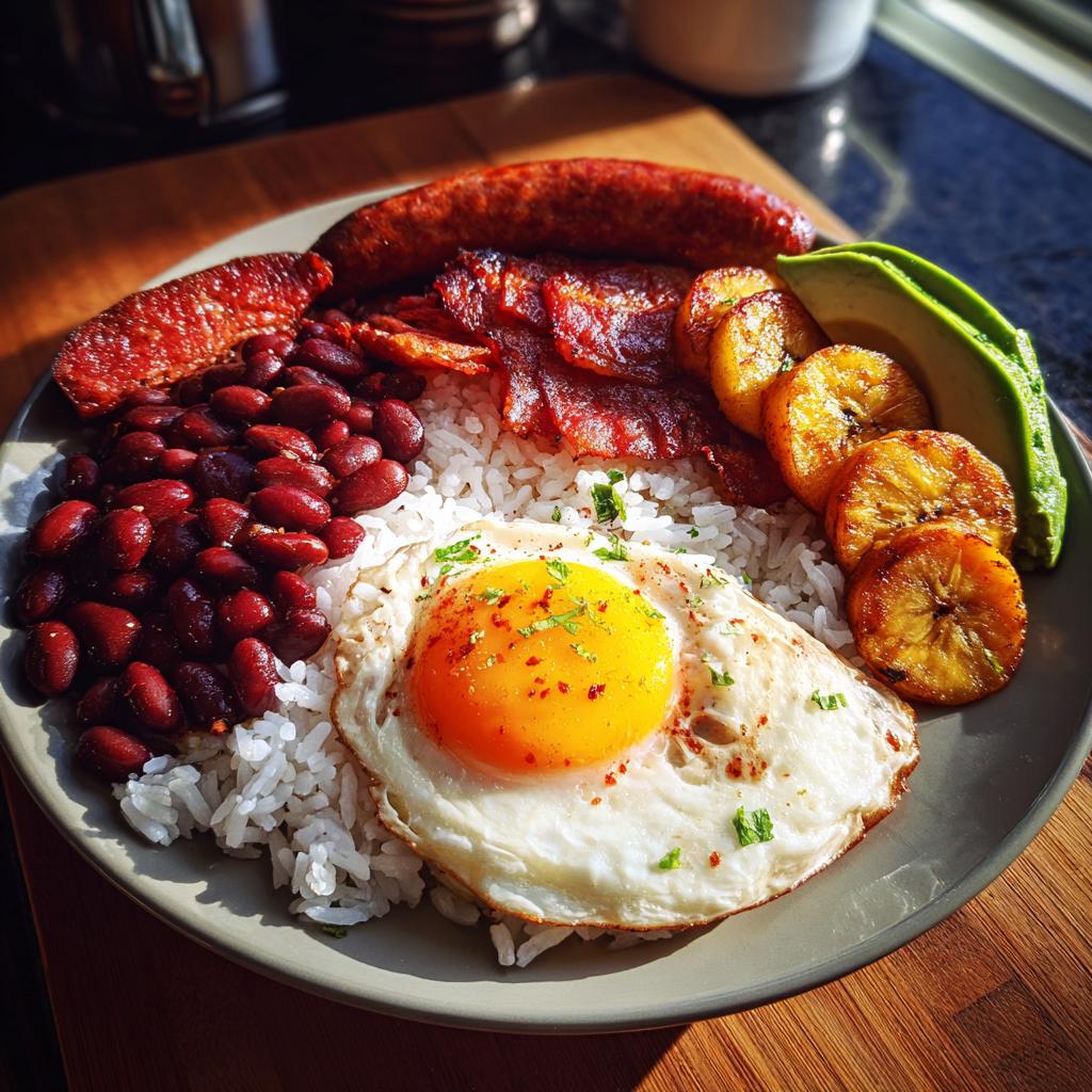 Plato de bandeja paisa con arroz, frijoles, huevo, plátano, chorizo y aguacate receta colombianas caseras