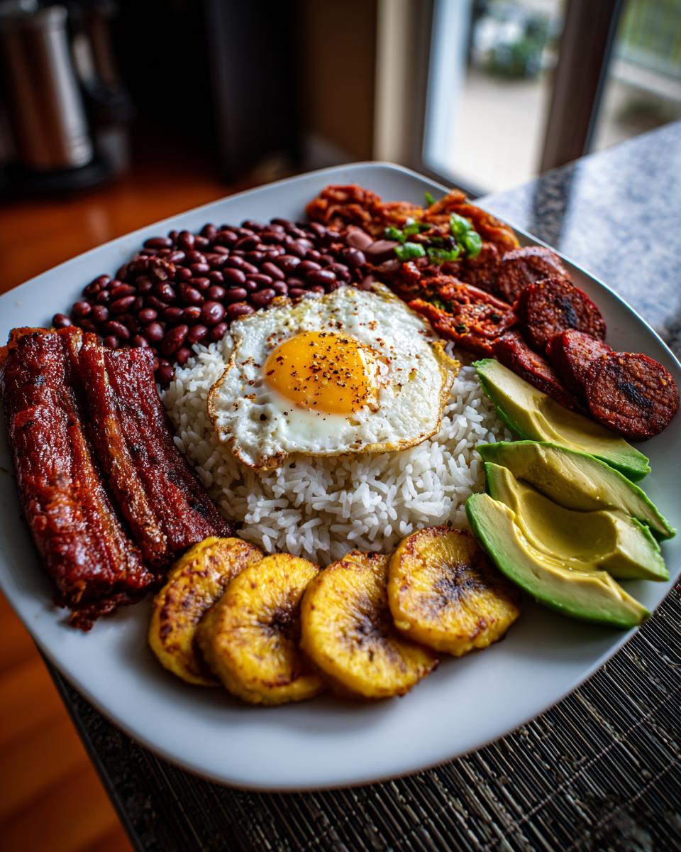 Plato de bandeja paisa con arroz, huevo frito, frijoles, plátano, aguacate y carne