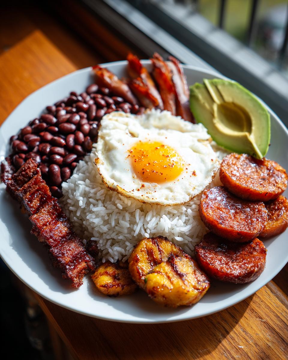 Plato de Bandeja Paisa con arroz, huevo frito, frijoles, chorizo, plátano maduro, aguacate y carne frita