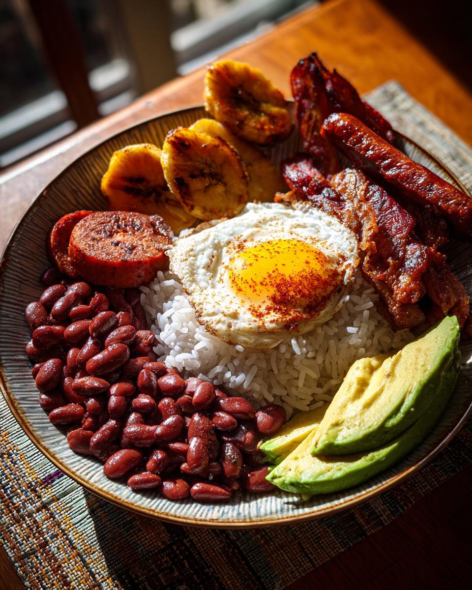 Plato de bandeja paisa con arroz, frijoles, huevo frito, plátano, aguacate y carne