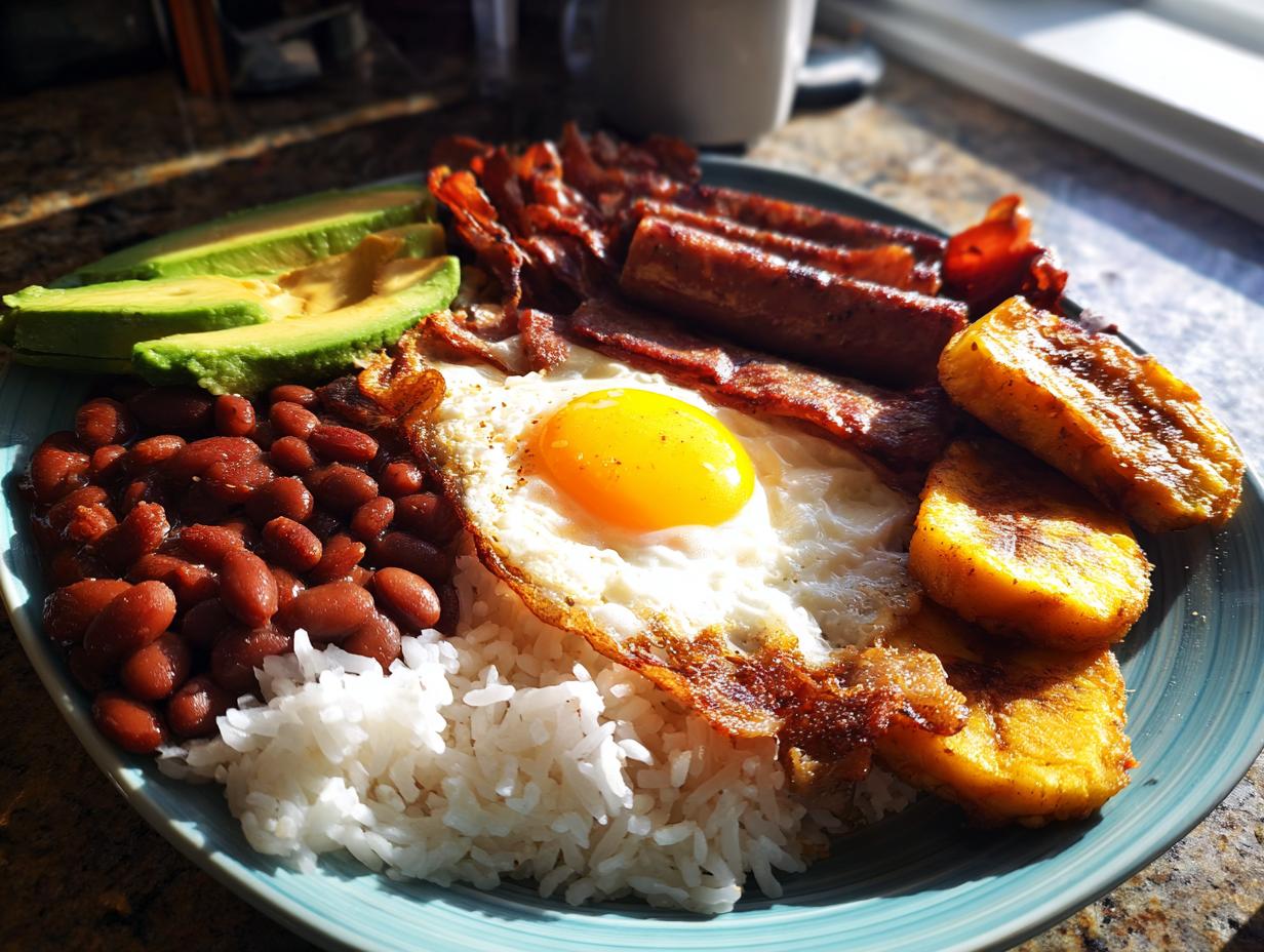 Plato de Bandeja Paisa con arroz, frijoles, huevo frito, plátano, aguacate y carne